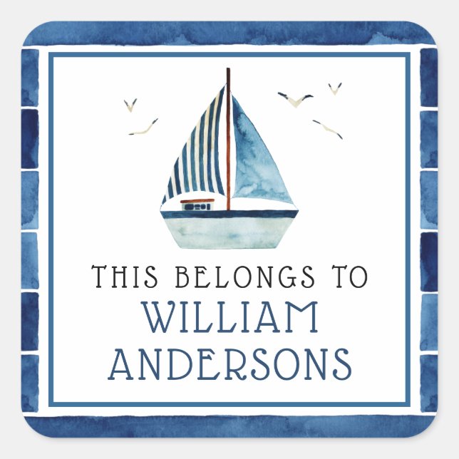 Watercolor Nautical Blue Boat Personalized Kids  Square Sticker (Front)