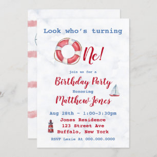 Watercolor Nautical Boy 1st Birthday Party Invites
