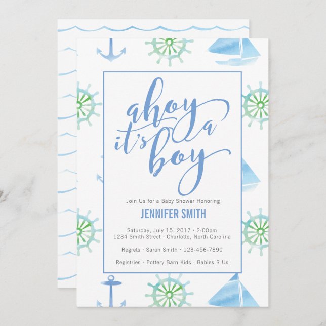 Watercolor Nautical Boy Baby Shower Invitation (Front/Back)