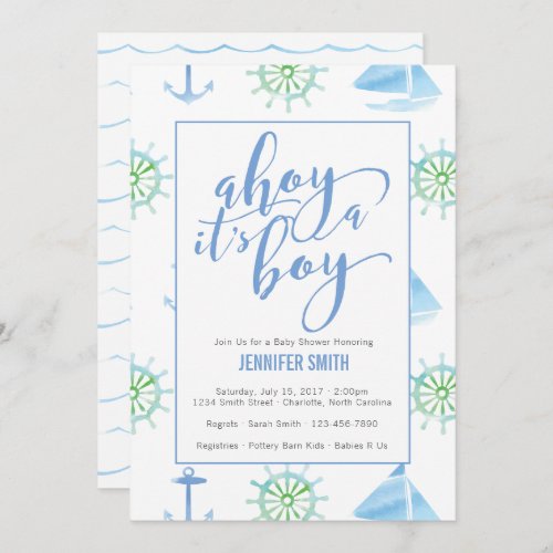 Watercolor Nautical Boy Baby Shower Invitation