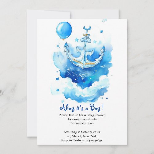 Watercolor Nautical Boy Baby Shower Invitation