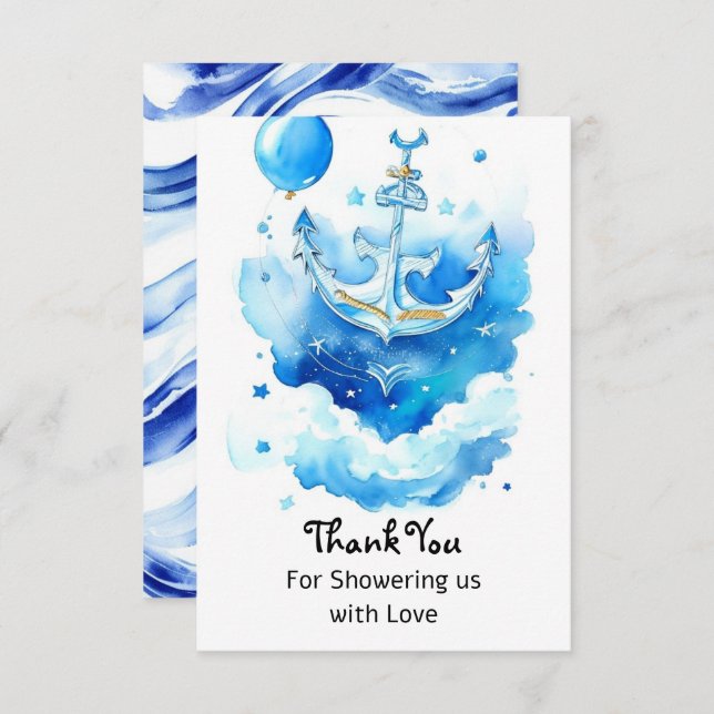 Watercolor Nautical Boy Baby Shower Thank You Card (Front/Back)
