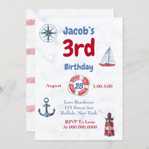 Watercolor Nautical Boy Birthday Party Invitations