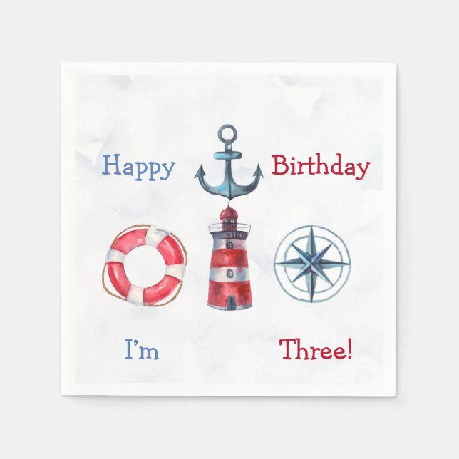 Watercolor Nautical Boy Birthday Party  Napkins (Front)