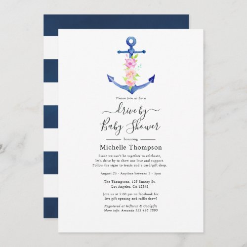 Watercolor Nautical Drive By Bridal or Baby Shower Invitation