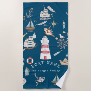 Watercolor Nautical Elements Blue Beach Towel