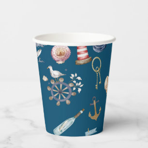 Watercolor Nautical Elements Blue Paper Cups