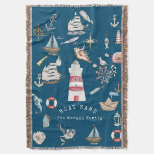 Watercolor Nautical Elements Blue Throw Blanket