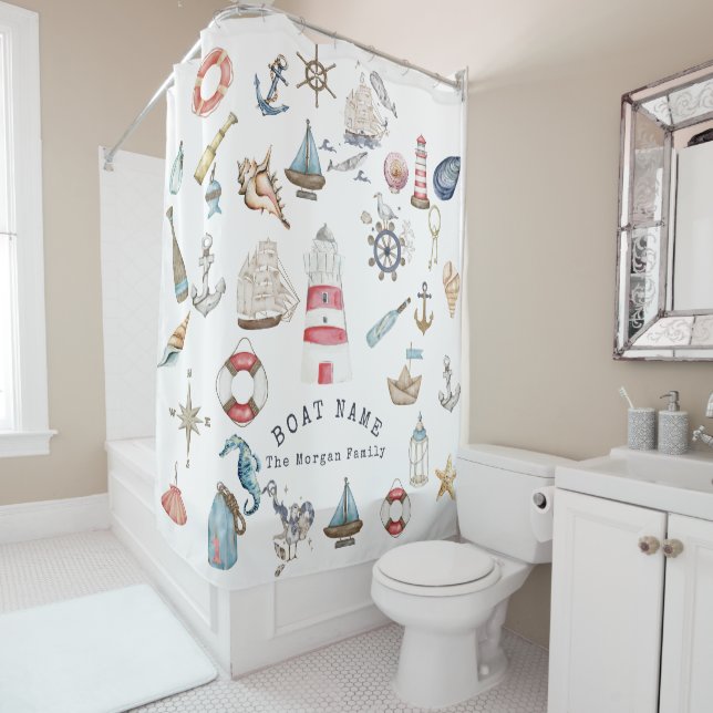 Watercolor Nautical Elements Sailor Shower Curtain (In Situ)
