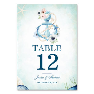 Watercolor Nautical Floral Anchor Beach Wedding Table Number