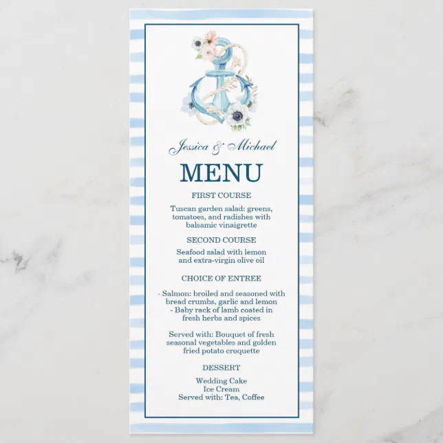 Watercolor Nautical Floral Anchor Blue Stripes Menu Zazzle