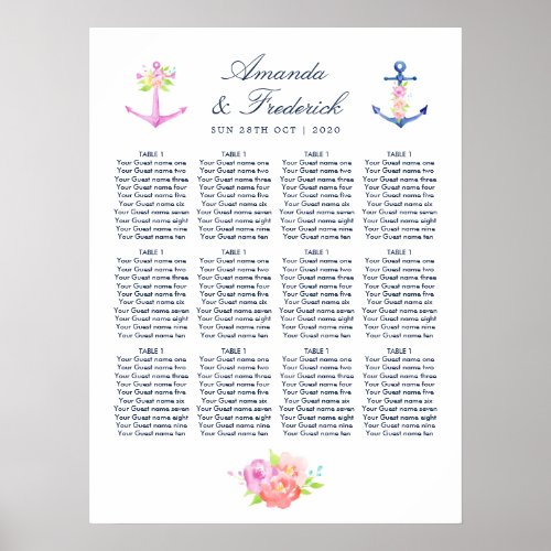 Watercolor Nautical Floral Wedding Seating Chart