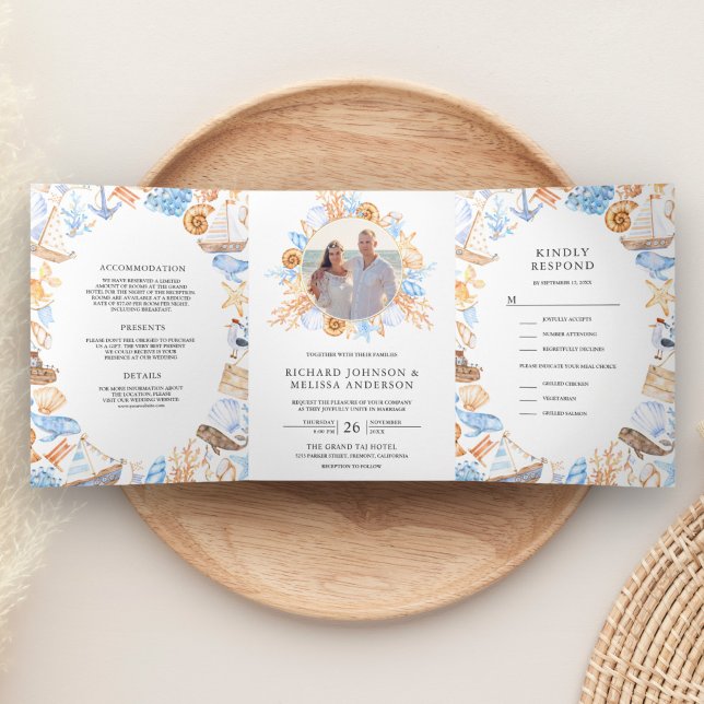 Watercolor Nautical Frame Photo Collage Wedding Tri-Fold Invitation (Creator Uploaded)