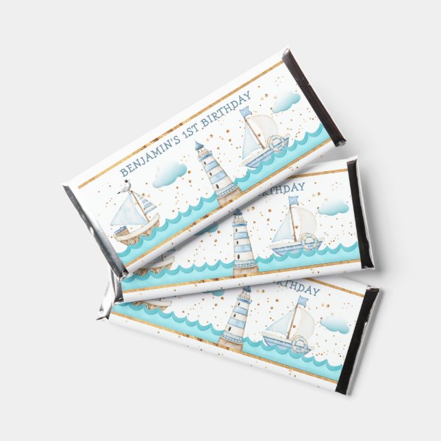 Watercolor Nautical Lighthouse Sailboats Birthday  Hershey Bar Favors (Front)