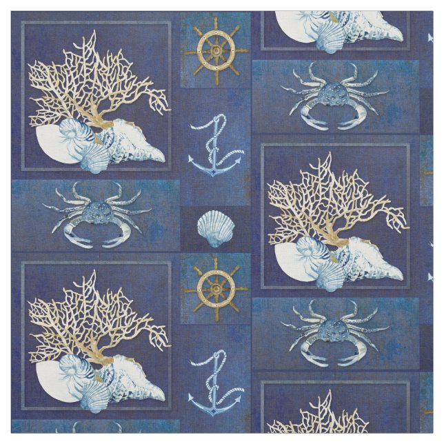 Watercolor Nautical Ocean Coral Anchor Shells Blue Fabric (Swatch)
