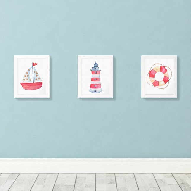 Watercolor Nautical Ocean Sailboat Nursery Decor Wall Art Sets (Wood Floor)