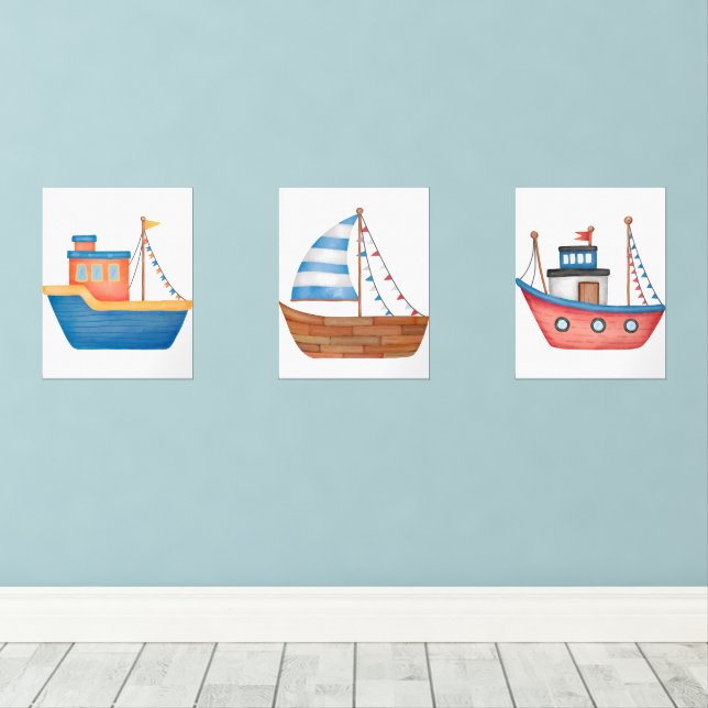 Watercolor Nautical Ocean  Wall Art Sets (Wood Floor)
