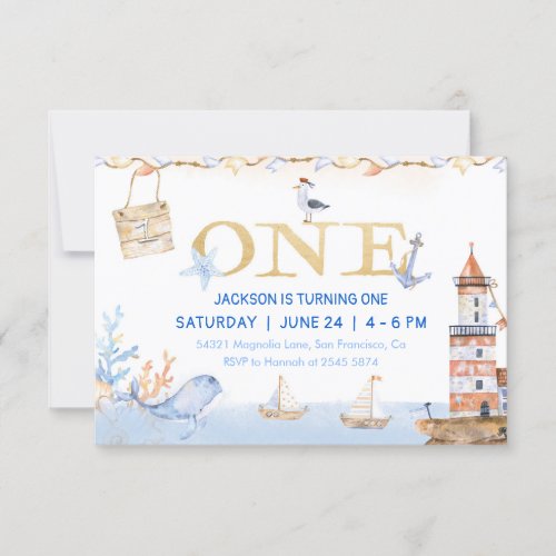 Watercolor Nautical One Birthday Invitation