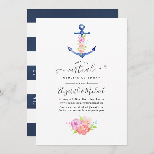 Watercolor Nautical Online Virtual Wedding Invitation (Front/Back)