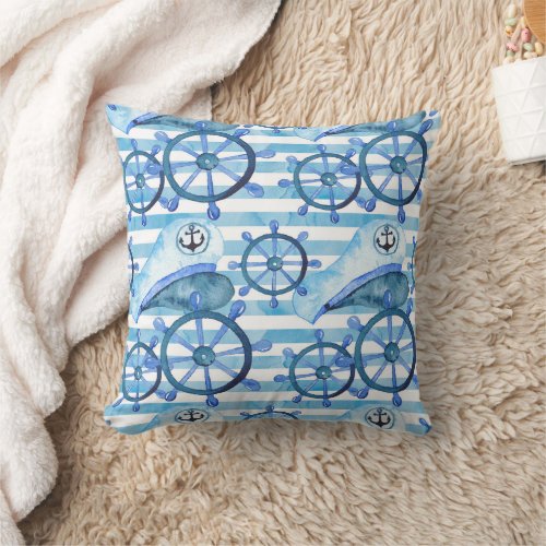 Watercolor Nautical Pattern Throw Pillow