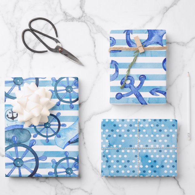 Watercolor Nautical Pattern Wrapping Paper Sheets (Front)