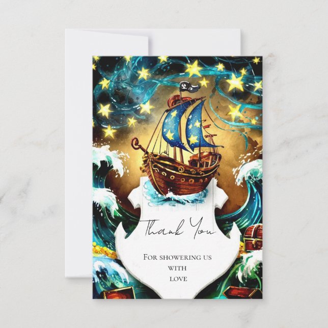 Watercolor Nautical Pirate Baby Shower Thank You Card (Front)