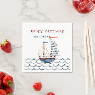 Watercolor Nautical Red And Blue Happy Birthday Napkins