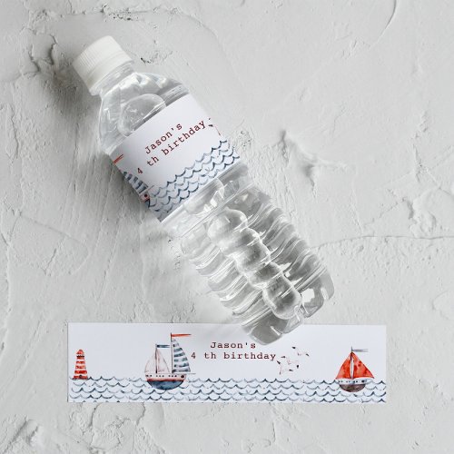 Watercolor Nautical Red And Blue Kids Birthday Water Bottle Label