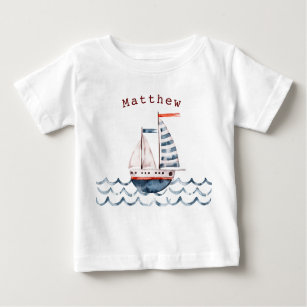 Watercolor Nautical Red and Blue Sailboat Monogram Baby T-Shirt