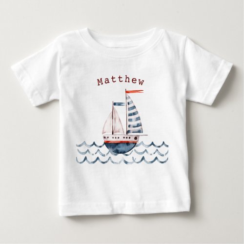 Watercolor Nautical Red and Blue Sailboat Monogram Baby T_Shirt