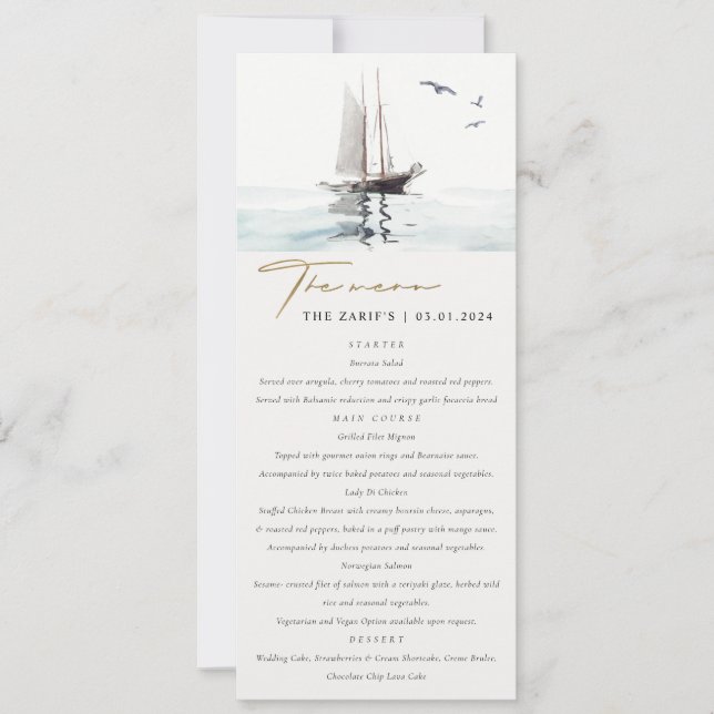 Watercolor Nautical Sail Yacht Wedding Menu Card (Front)