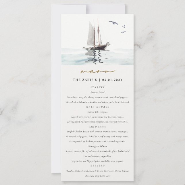 Watercolor Nautical Sail Yacht Wedding Menu Card (Front)