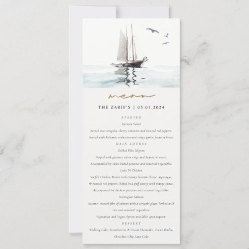 Watercolor Nautical Sail Yacht Wedding Menu Card
