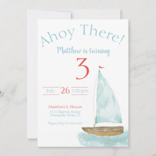 Watercolor Nautical Sailboat Birthday  Invitation