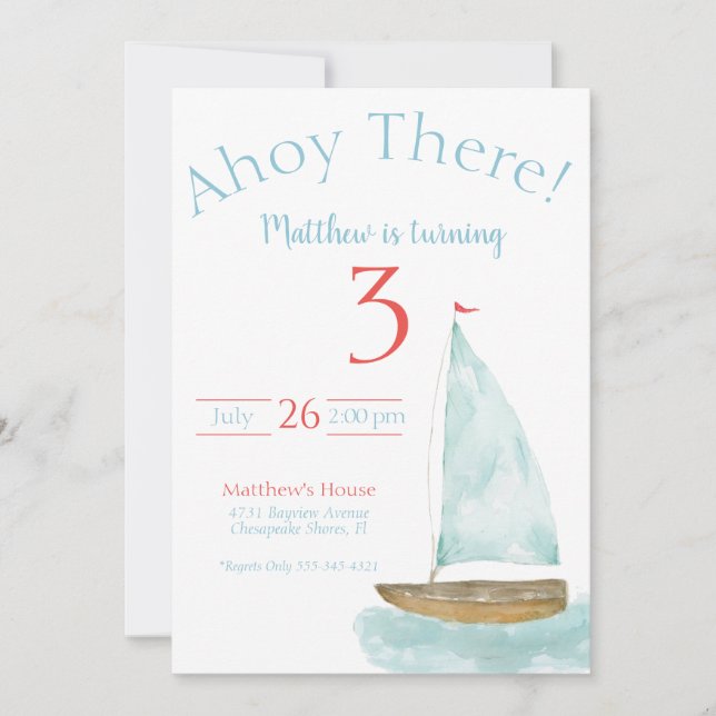 Watercolor Nautical Sailboat Birthday  Invitation (Front)