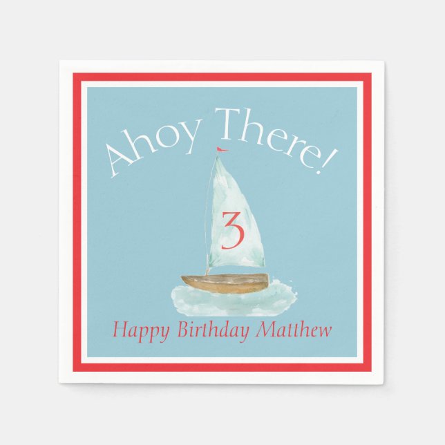 Watercolor Nautical Sailboat Birthday  Napkins (Front)