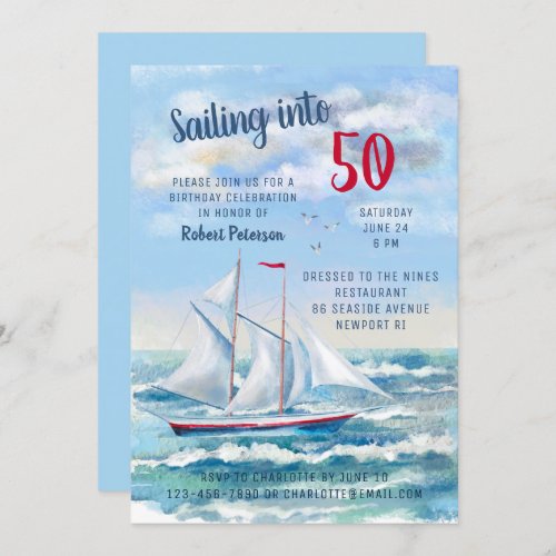 Watercolor Nautical Sailing Yacht 50th Birthday Invitation