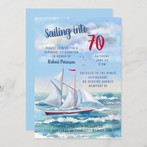Watercolor Nautical Sailing Yacht 70th Birthday Invitation