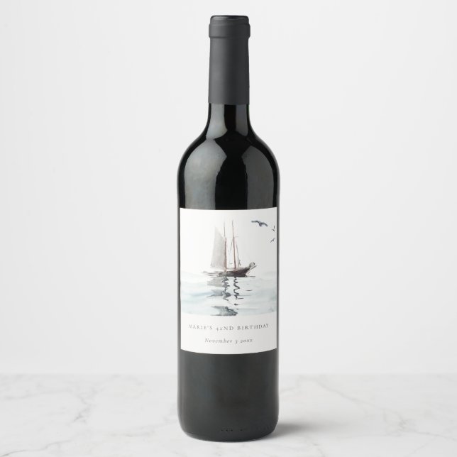 Watercolor Nautical Sailing Yacht Any Age Birthday Wine Label (Front)