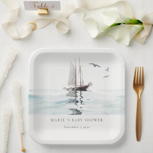 Watercolor Nautical Sailing Yacht Baby Shower Paper Plates