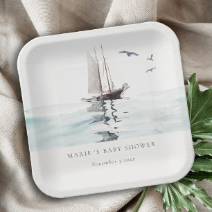 Watercolor Nautical Sailing Yacht Baby Shower Paper Plates