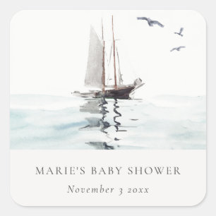 Watercolor Nautical Sailing Yacht Baby Shower Square Sticker