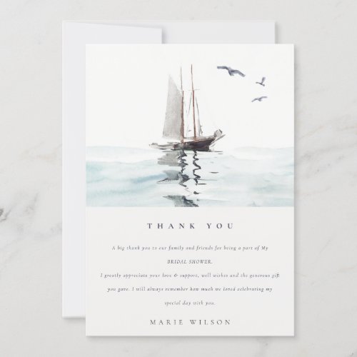 Watercolor Nautical Sailing Yacht Bridal Shower Thank You Card