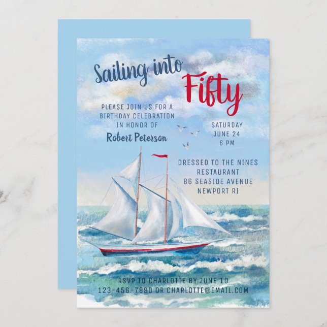 Watercolor Nautical Sailing Yacht Fifty Birthday Invitation (Front/Back)