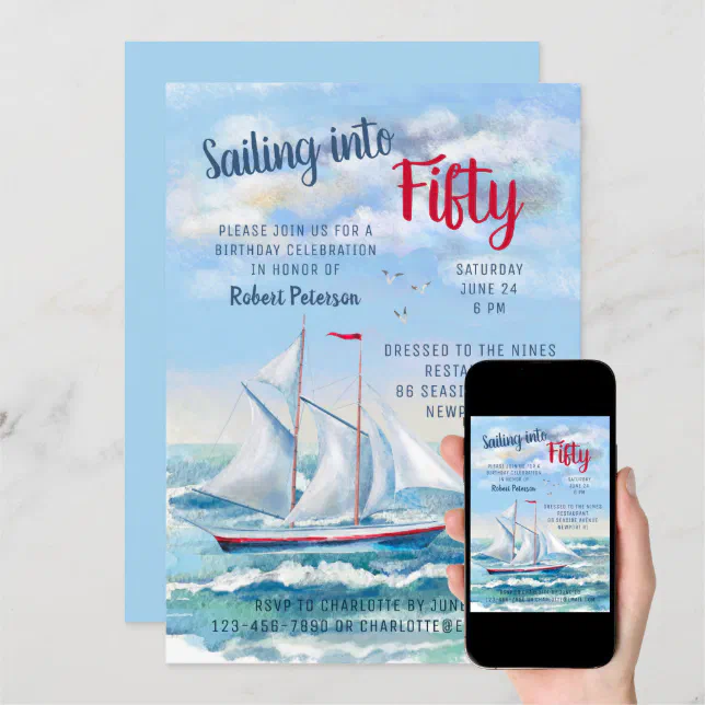 Watercolor Nautical Sailing Yacht Fifty Birthday Invitation Zazzle