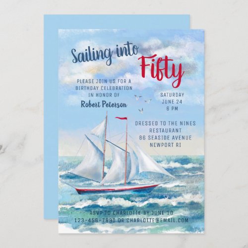 Watercolor Nautical Sailing Yacht Fifty Birthday Invitation