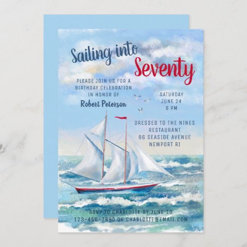 Watercolor Nautical Sailing Yacht Seventy Birthday Invitation