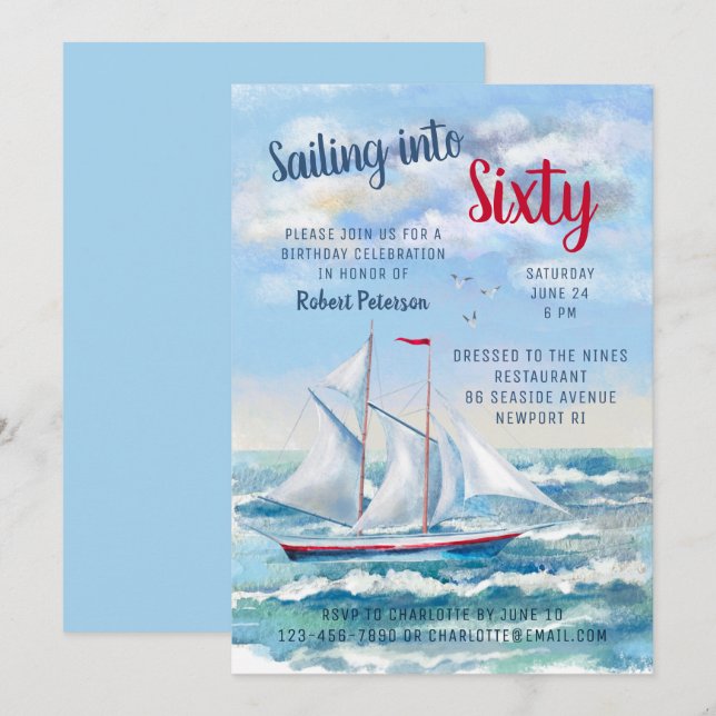 Watercolor Nautical Sailing Yacht Sixty Birthday  Invitation (Front/Back)