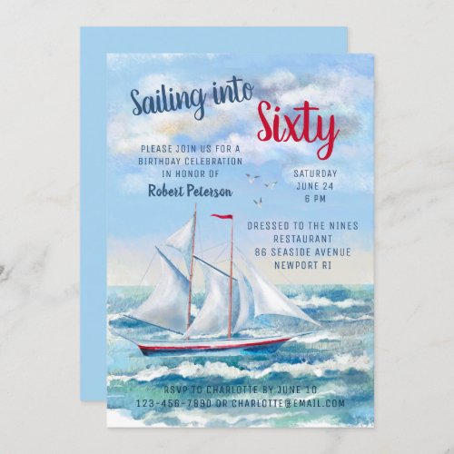 Watercolor Nautical Sailing Yacht Sixty Birthday  Invitation