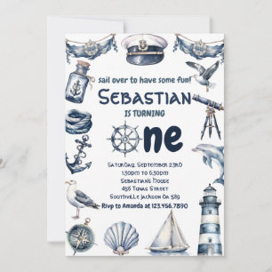 Watercolor Nautical Sailor Boys 1st Birthday Invitation